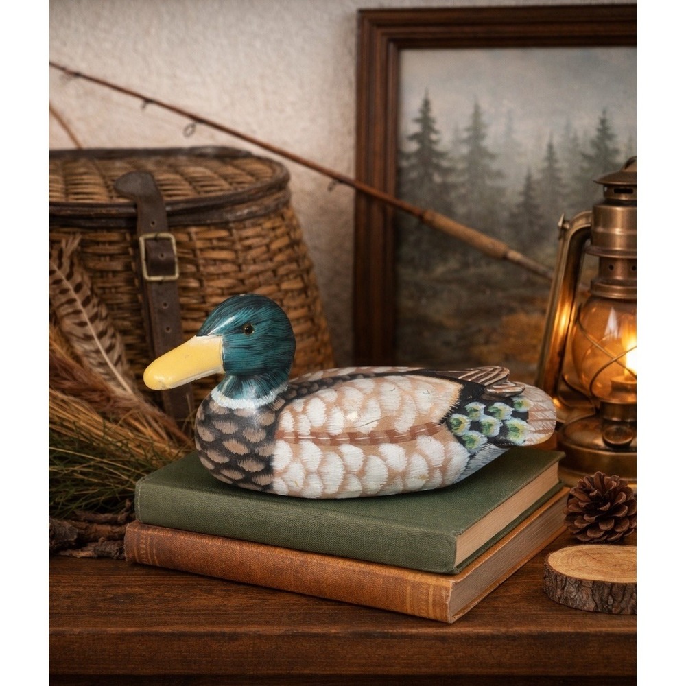 RARE Vtg Wooden Full Size Hand Carved Painted Drake Mallard Duck Decoy Glass Eye